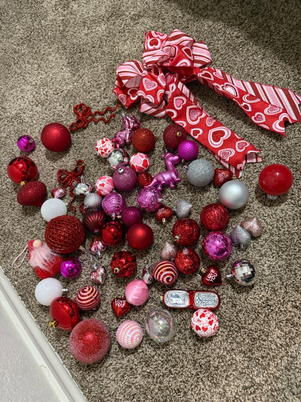 Valentine Red & Pink Christmas Ornament Set with Heart Bow